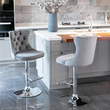 Table & Bar Stools: 4x Height Adjustable Swivel Bar Stool Velvet Stud Barstool with Footrest and Chromed Base- Gray