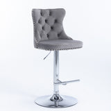 Table & Bar Stools: 4x Height Adjustable Swivel Bar Stool Velvet Stud Barstool with Footrest and Chromed Base- Gray