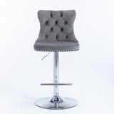 Table & Bar Stools: 4x Height Adjustable Swivel Bar Stool Velvet Stud Barstool with Footrest and Chromed Base- Gray