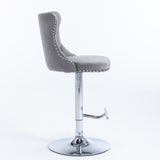 Table & Bar Stools: 4x Height Adjustable Swivel Bar Stool Velvet Stud Barstool with Footrest and Chromed Base- Gray