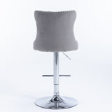 Table & Bar Stools: 4x Height Adjustable Swivel Bar Stool Velvet Stud Barstool with Footrest and Chromed Base- Gray