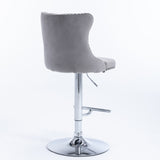 Table & Bar Stools: 4x Height Adjustable Swivel Bar Stool Velvet Stud Barstool with Footrest and Chromed Base- Gray
