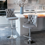 Table & Bar Stools: 4x Height Adjustable Swivel Bar Stool Velvet Stud Barstool with Footrest and Chromed Base- Gray