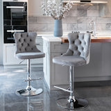 Table & Bar Stools: 4x Height Adjustable Swivel Bar Stool Velvet Stud Barstool with Footrest and Chromed Base- Gray