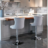 Table & Bar Stools: 4x Height Adjustable Swivel Bar Stool Velvet Stud Barstool with Footrest and Chromed Base- Gray