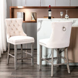 Table & Bar Stools: 4X Velvet Bar Stools with Studs Trim Wooden Legs Tufted Dining Chairs Kitchen