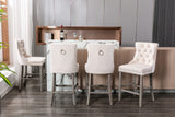Table & Bar Stools: 4X Velvet Bar Stools with Studs Trim Wooden Legs Tufted Dining Chairs Kitchen