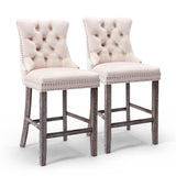 Table & Bar Stools: 4X Velvet Bar Stools with Studs Trim Wooden Legs Tufted Dining Chairs Kitchen