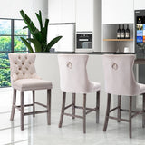 Table & Bar Stools: 4X Velvet Bar Stools with Studs Trim Wooden Legs Tufted Dining Chairs Kitchen