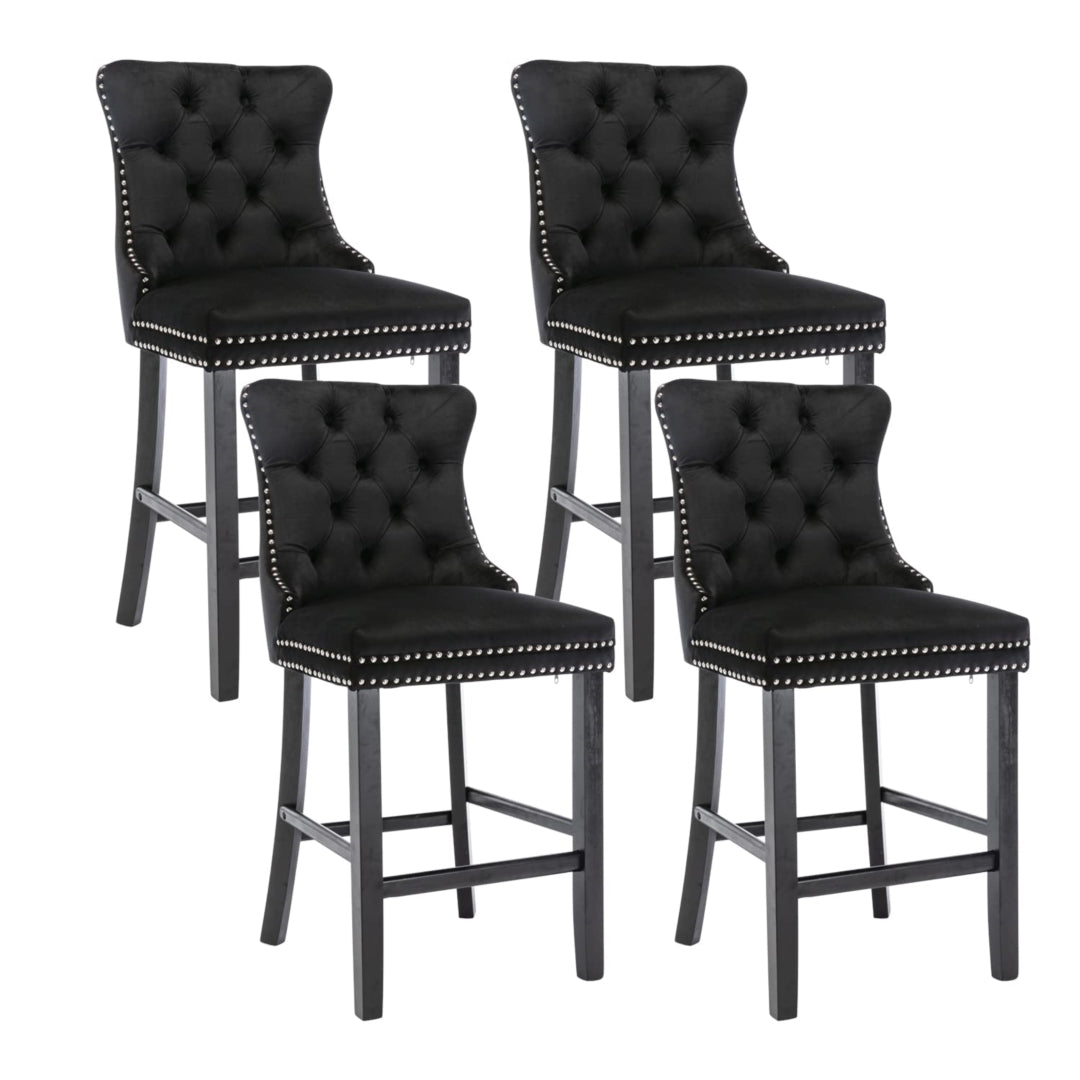 Table & Bar Stools: 4X Velvet Bar Stools with Studs Trim Wooden Legs Tufted Dining Chairs Kitchen