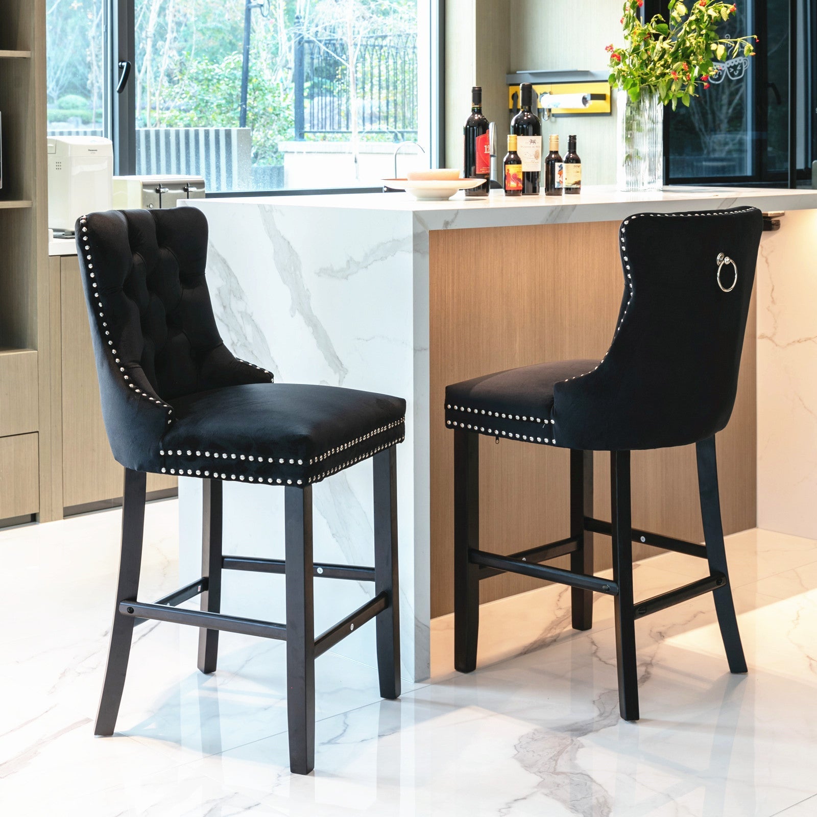 Table & Bar Stools: 4X Velvet Bar Stools with Studs Trim Wooden Legs Tufted Dining Chairs Kitchen