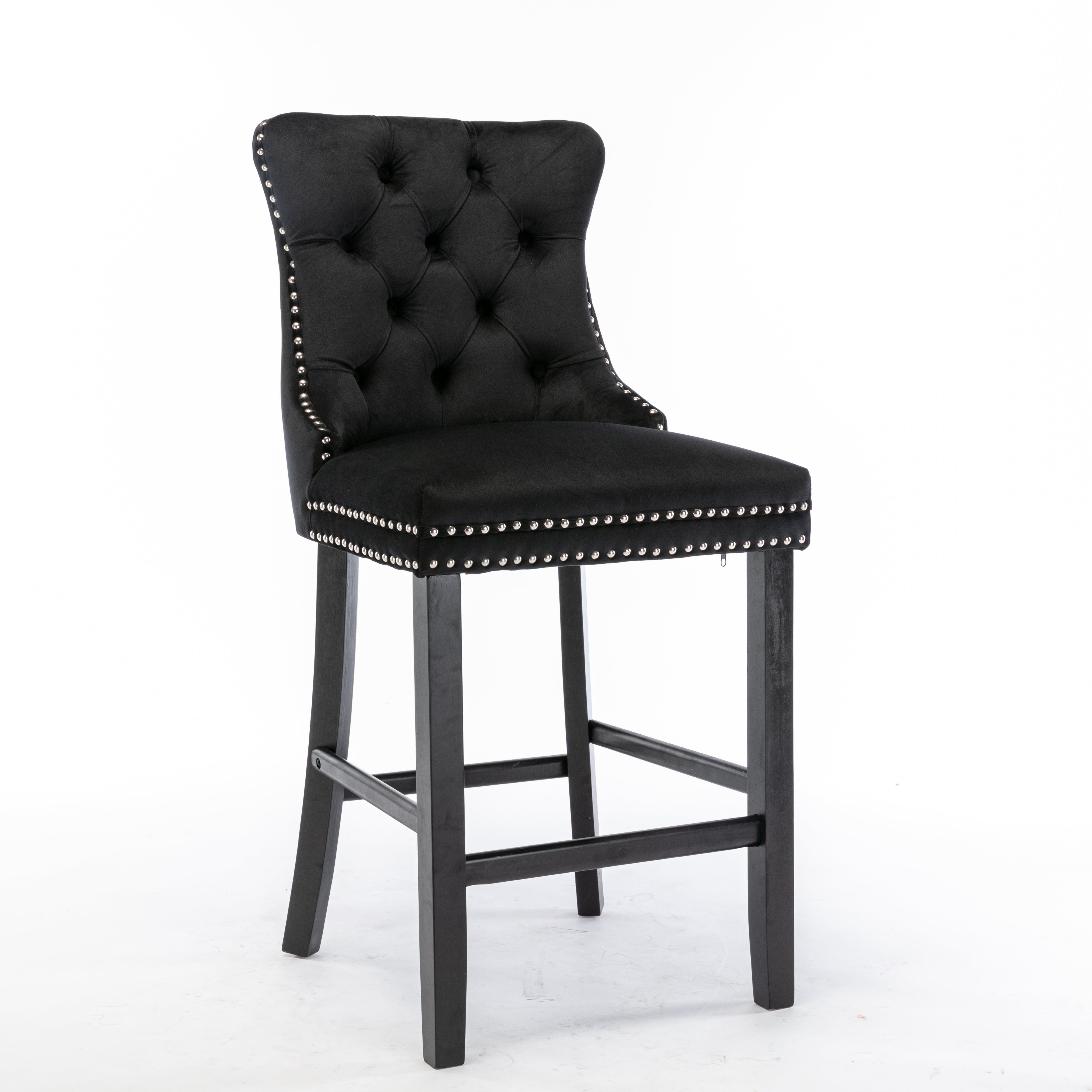 Table & Bar Stools: 4X Velvet Bar Stools with Studs Trim Wooden Legs Tufted Dining Chairs Kitchen