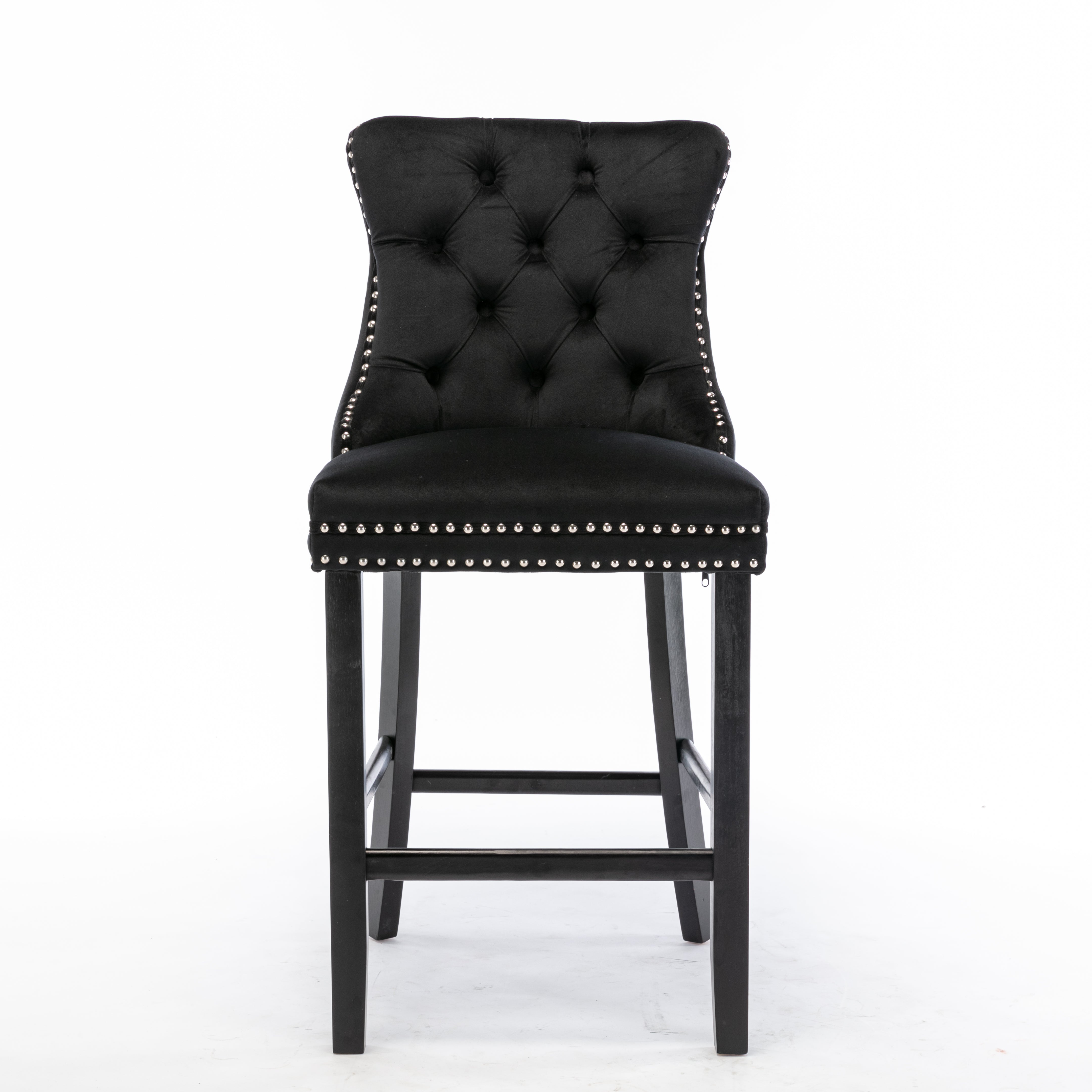 Table & Bar Stools: 4X Velvet Bar Stools with Studs Trim Wooden Legs Tufted Dining Chairs Kitchen