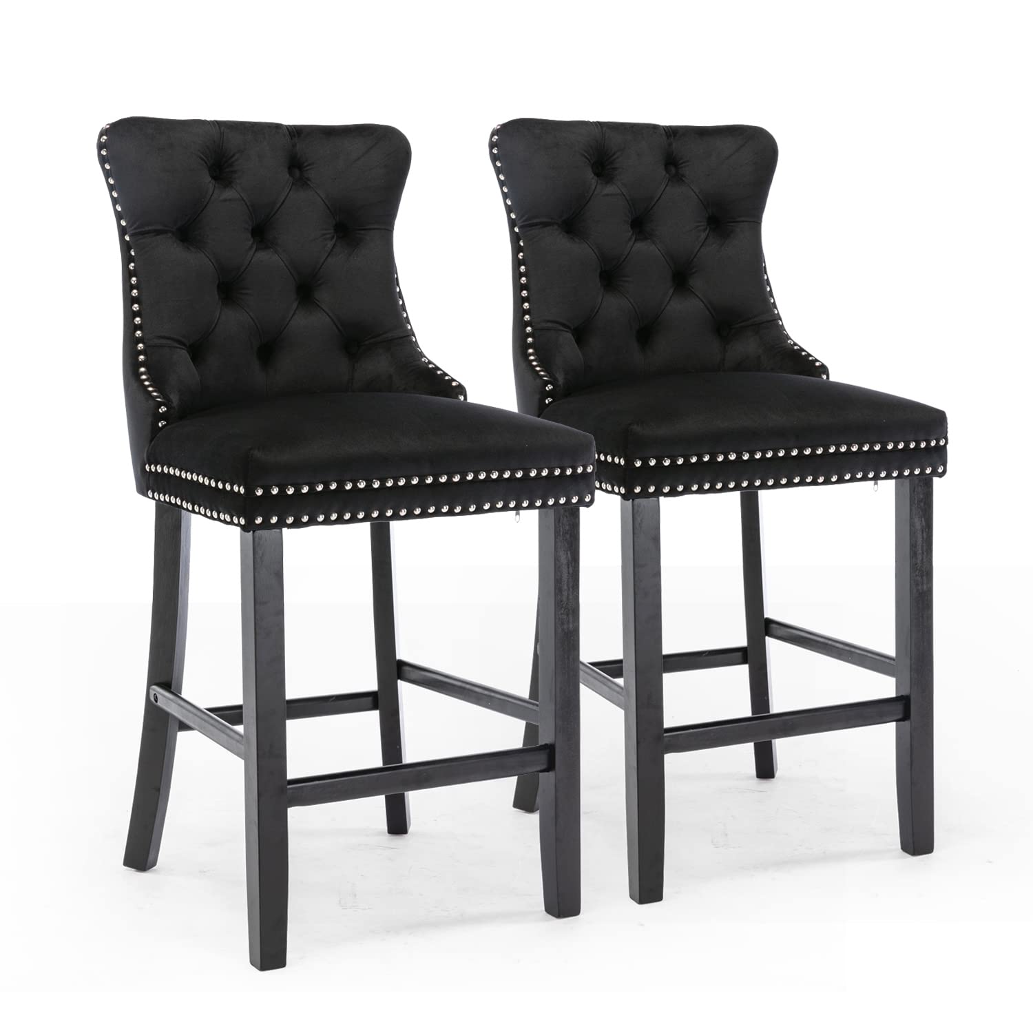 Table & Bar Stools: 4X Velvet Bar Stools with Studs Trim Wooden Legs Tufted Dining Chairs Kitchen