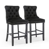 Table & Bar Stools: 4X Velvet Bar Stools with Studs Trim Wooden Legs Tufted Dining Chairs Kitchen