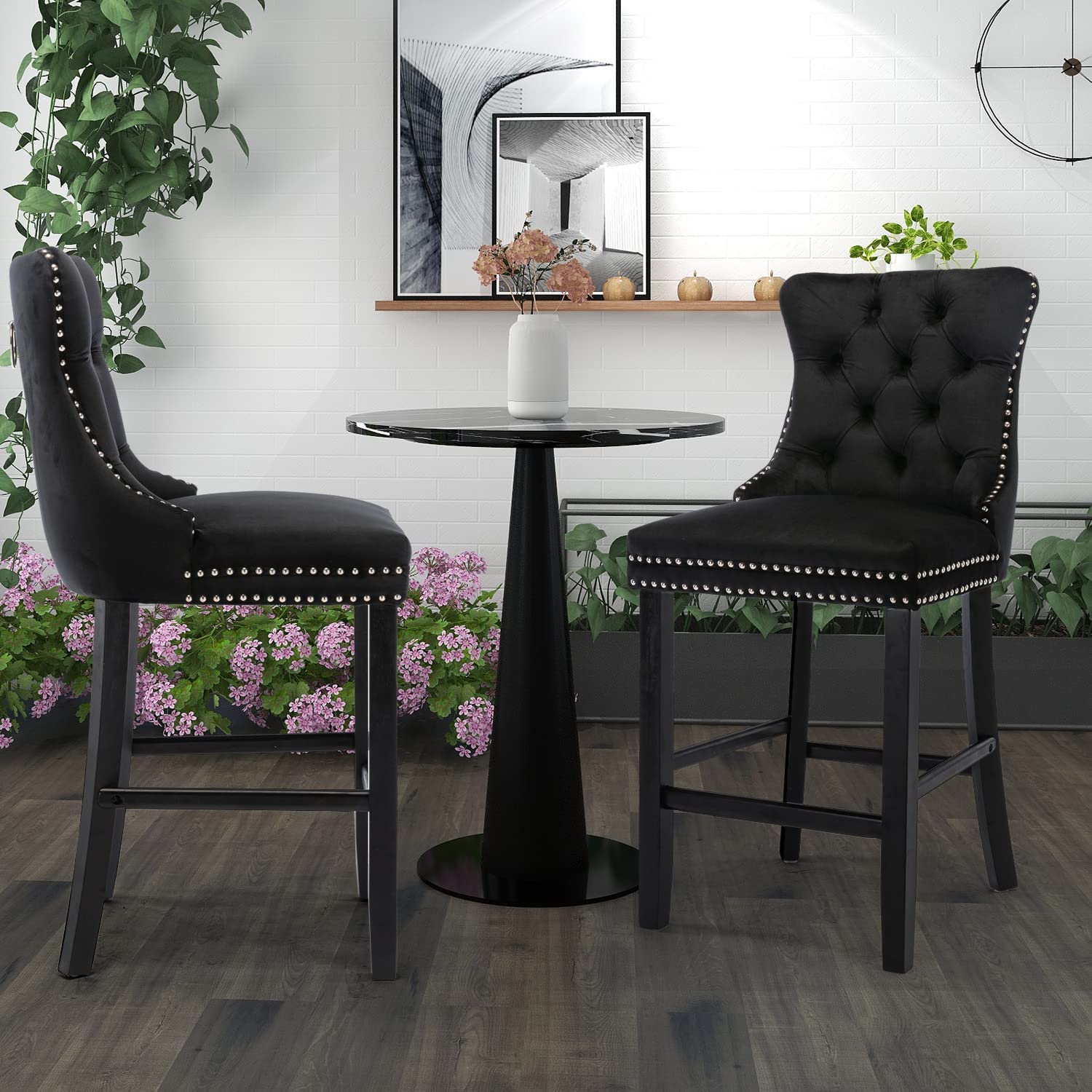Table & Bar Stools: 4X Velvet Bar Stools with Studs Trim Wooden Legs Tufted Dining Chairs Kitchen