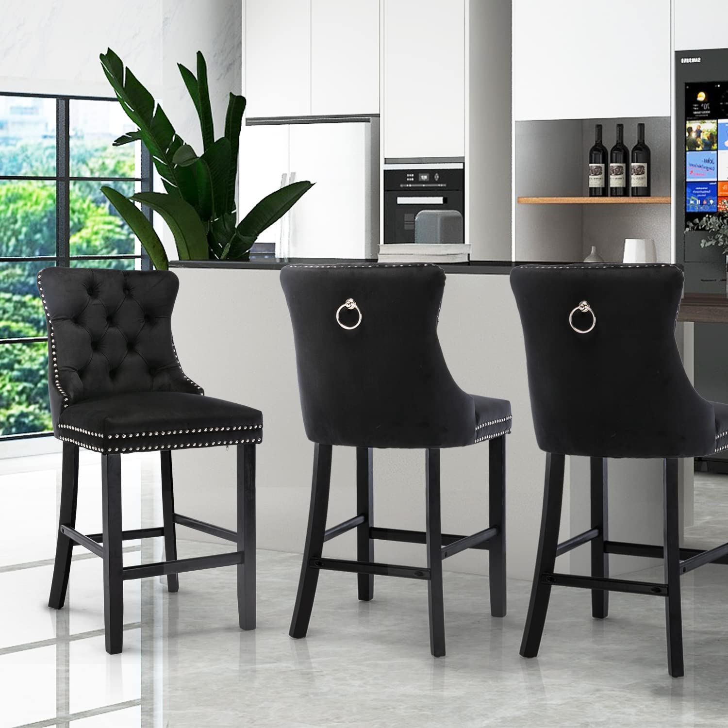Table & Bar Stools: 4X Velvet Bar Stools with Studs Trim Wooden Legs Tufted Dining Chairs Kitchen
