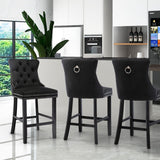Table & Bar Stools: 4X Velvet Bar Stools with Studs Trim Wooden Legs Tufted Dining Chairs Kitchen