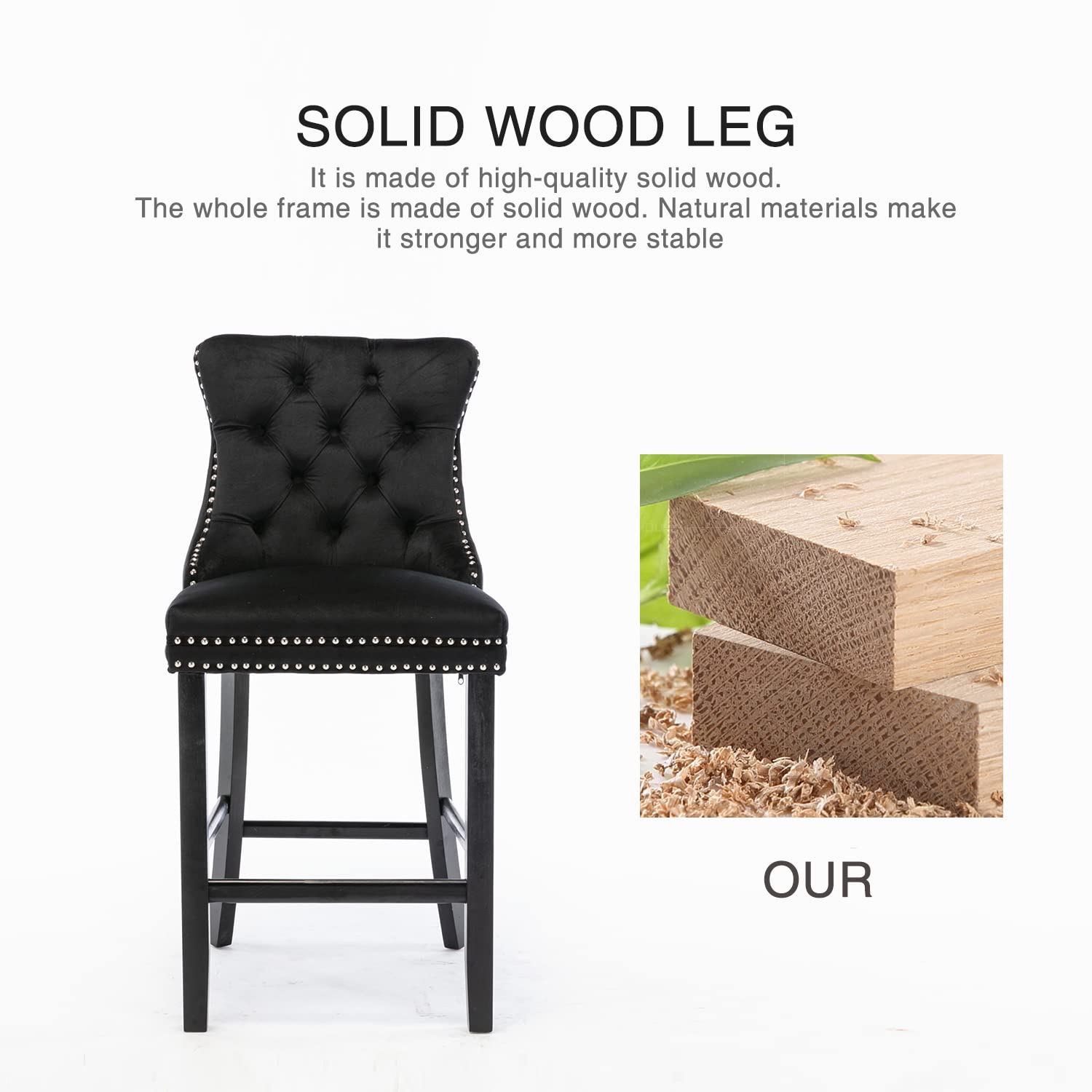 Table & Bar Stools: 4X Velvet Bar Stools with Studs Trim Wooden Legs Tufted Dining Chairs Kitchen