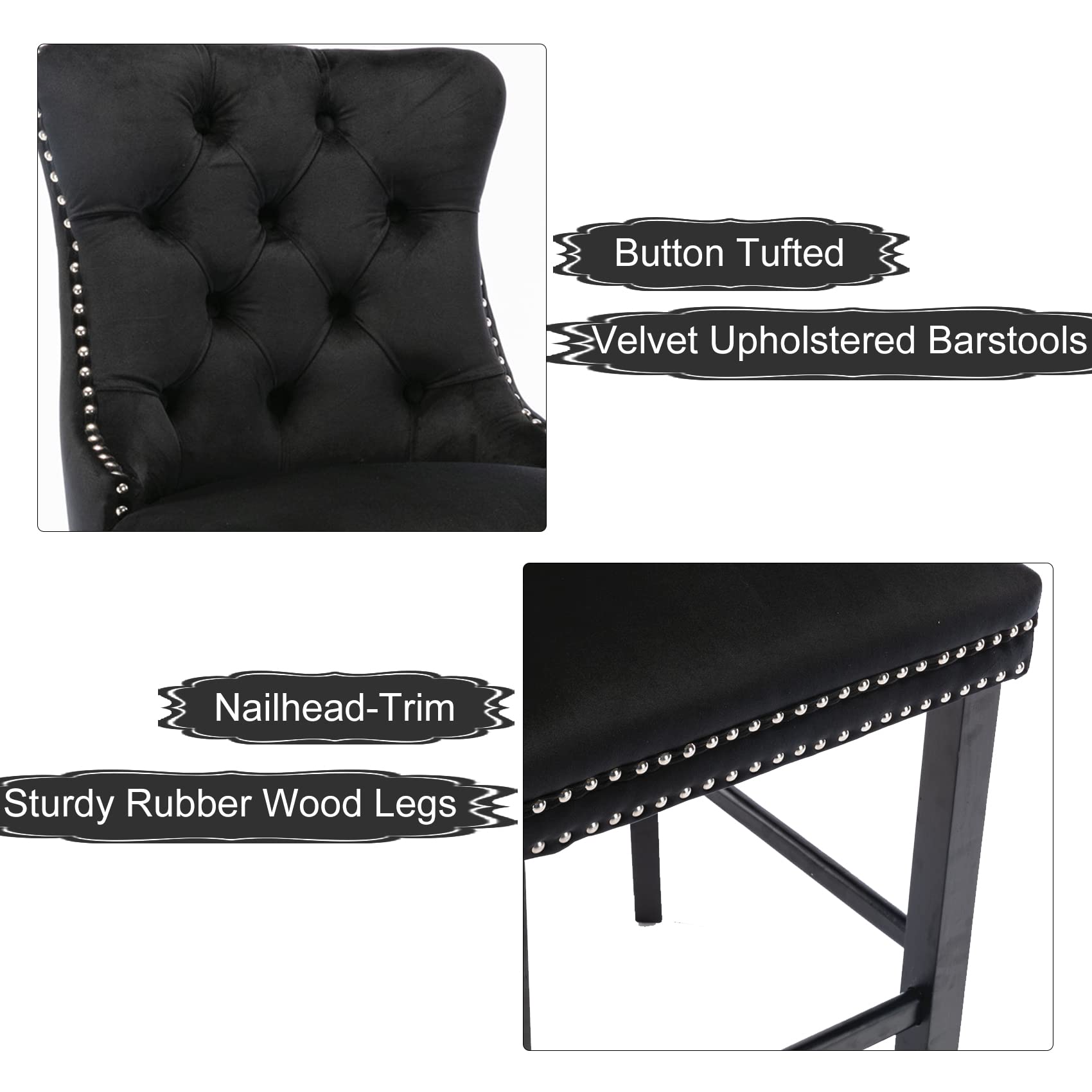 Table & Bar Stools: 4X Velvet Bar Stools with Studs Trim Wooden Legs Tufted Dining Chairs Kitchen