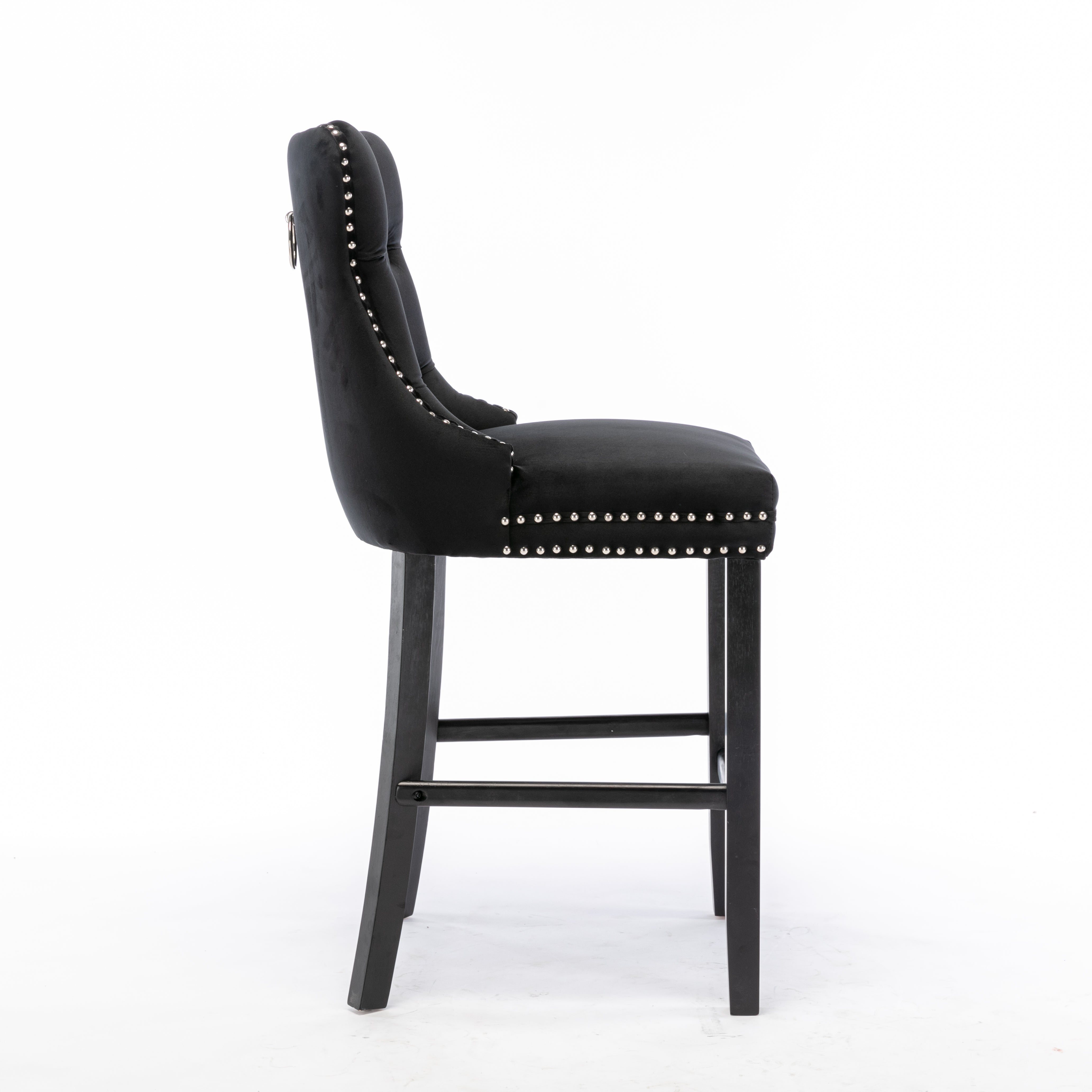 Table & Bar Stools: 2X Velvet Bar Stools with Studs Trim Wooden Legs Tufted Dining Chairs Kitchen