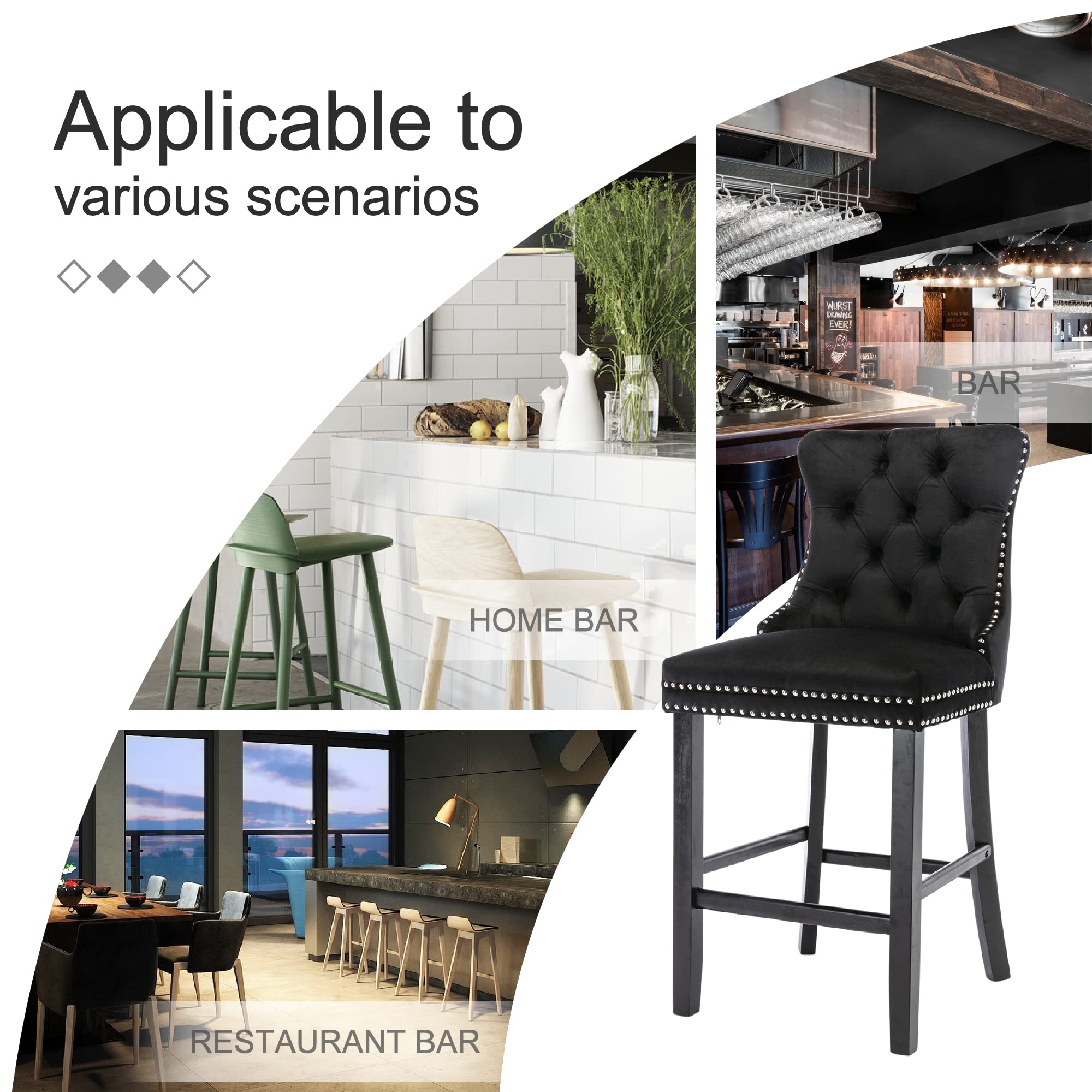 Table & Bar Stools: 2X Velvet Bar Stools with Studs Trim Wooden Legs Tufted Dining Chairs Kitchen