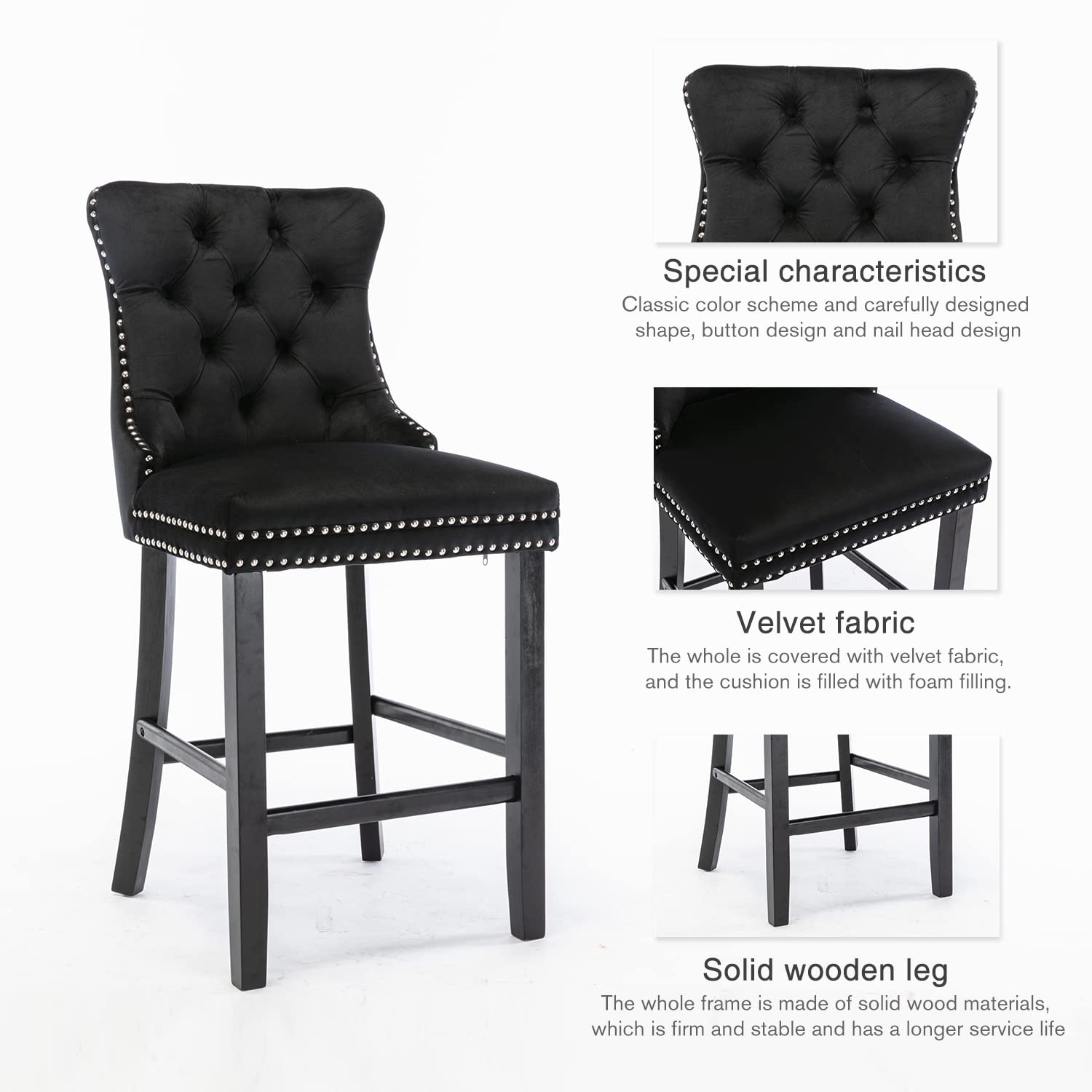 Table & Bar Stools: 2X Velvet Bar Stools with Studs Trim Wooden Legs Tufted Dining Chairs Kitchen