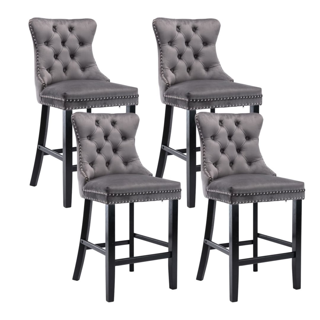 Table & Bar Stools: 4X Velvet Bar Stools with Studs Trim Wooden Legs Tufted Dining Chairs Kitchen