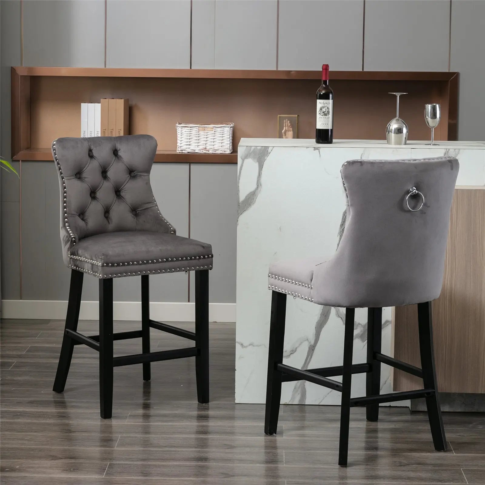 Table & Bar Stools: 4X Velvet Bar Stools with Studs Trim Wooden Legs Tufted Dining Chairs Kitchen