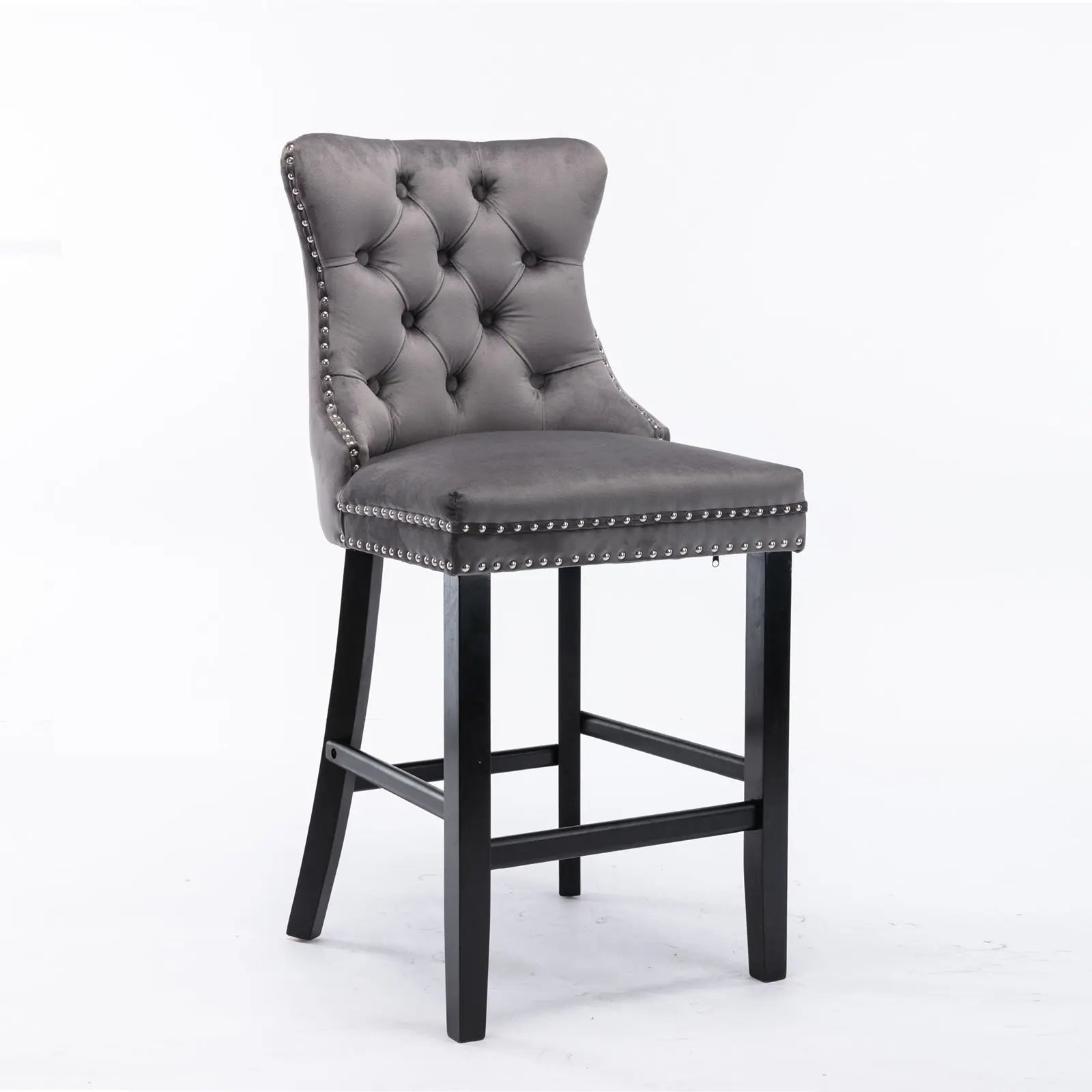 Table & Bar Stools: 4X Velvet Bar Stools with Studs Trim Wooden Legs Tufted Dining Chairs Kitchen