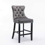 Table & Bar Stools: 4X Velvet Bar Stools with Studs Trim Wooden Legs Tufted Dining Chairs Kitchen