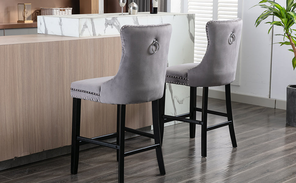 Table & Bar Stools: 4X Velvet Bar Stools with Studs Trim Wooden Legs Tufted Dining Chairs Kitchen