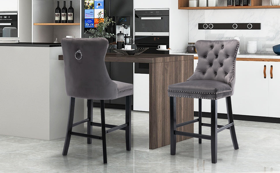 Table & Bar Stools: 4X Velvet Bar Stools with Studs Trim Wooden Legs Tufted Dining Chairs Kitchen