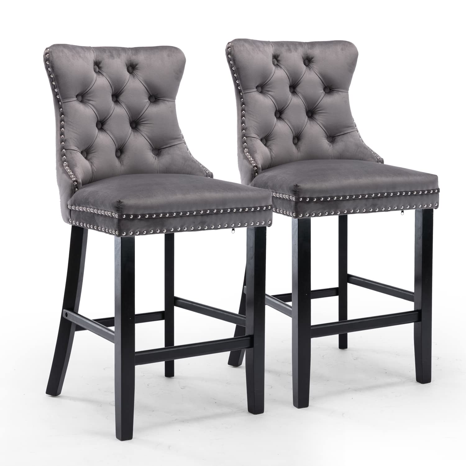 Table & Bar Stools: 4X Velvet Bar Stools with Studs Trim Wooden Legs Tufted Dining Chairs Kitchen