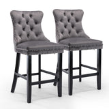 Table & Bar Stools: 4X Velvet Bar Stools with Studs Trim Wooden Legs Tufted Dining Chairs Kitchen