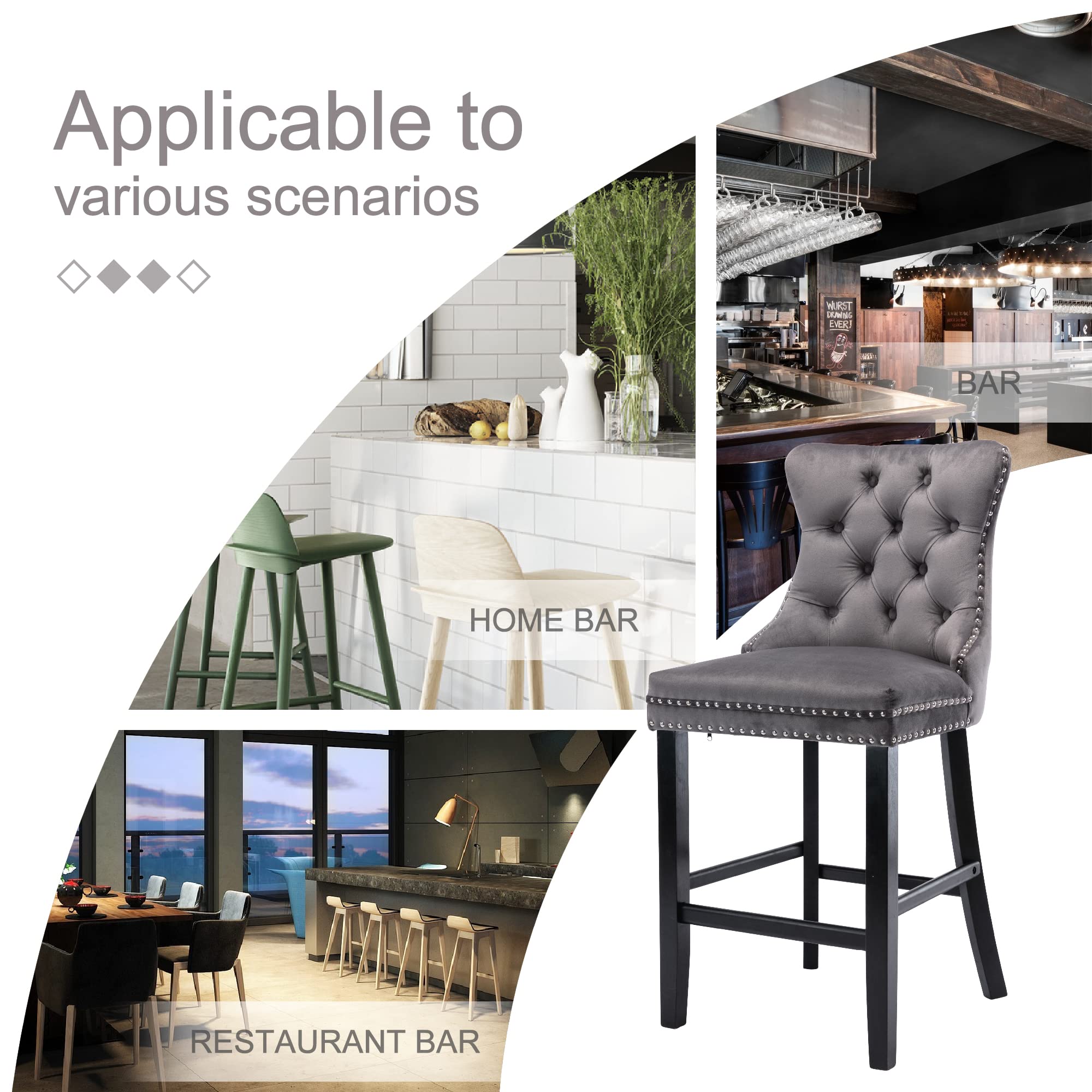 Table & Bar Stools: 4X Velvet Bar Stools with Studs Trim Wooden Legs Tufted Dining Chairs Kitchen