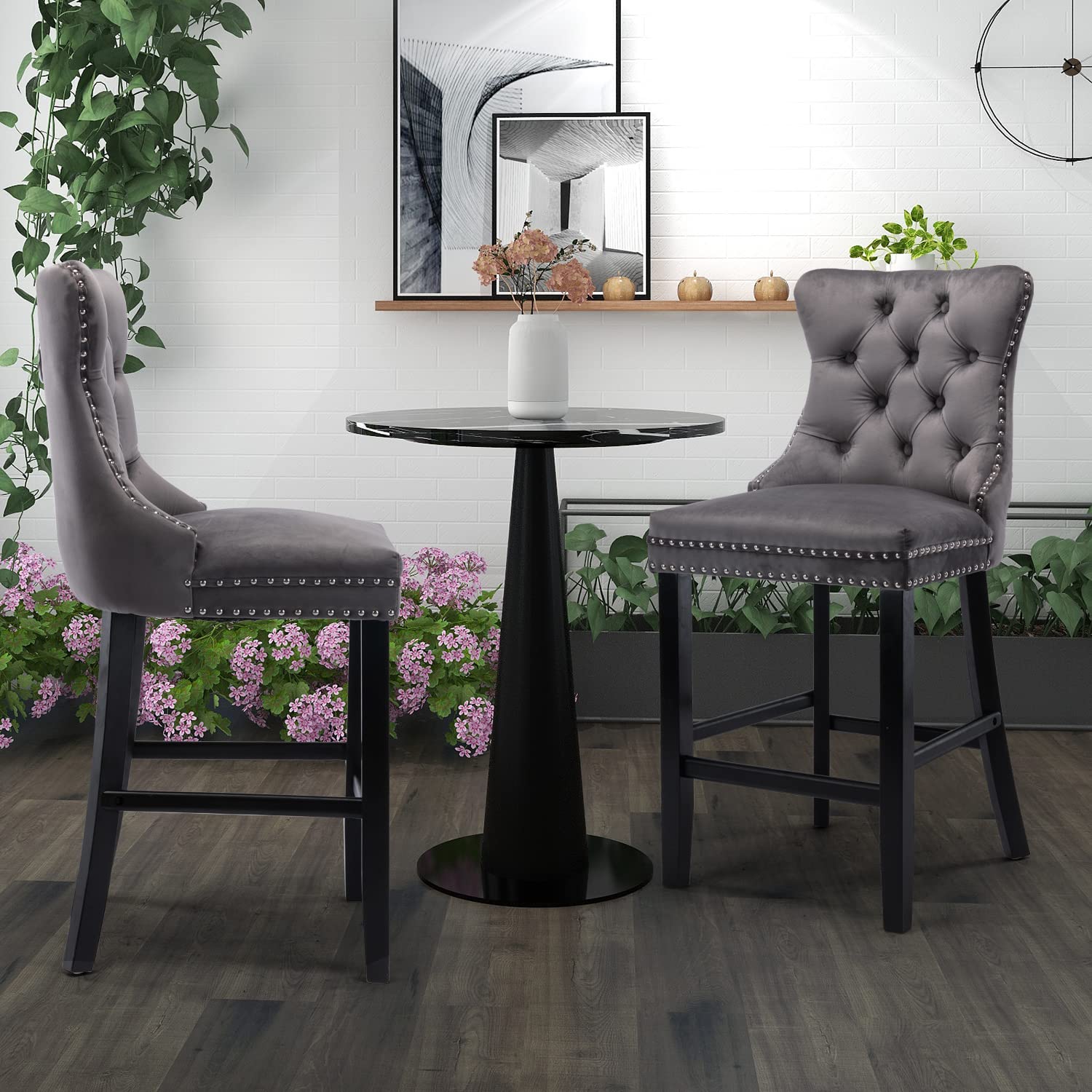 Table & Bar Stools: 4X Velvet Bar Stools with Studs Trim Wooden Legs Tufted Dining Chairs Kitchen