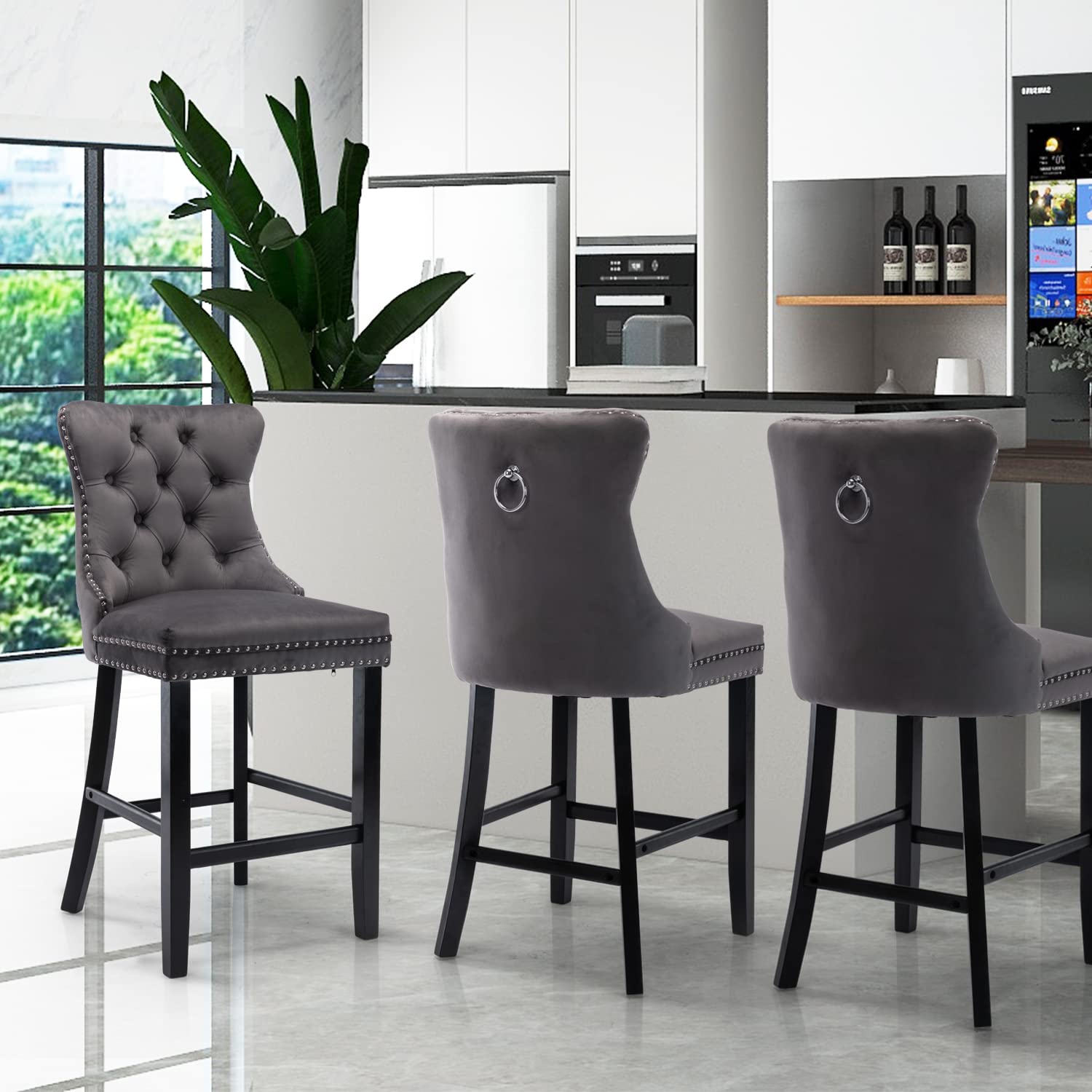Table & Bar Stools: 4X Velvet Bar Stools with Studs Trim Wooden Legs Tufted Dining Chairs Kitchen
