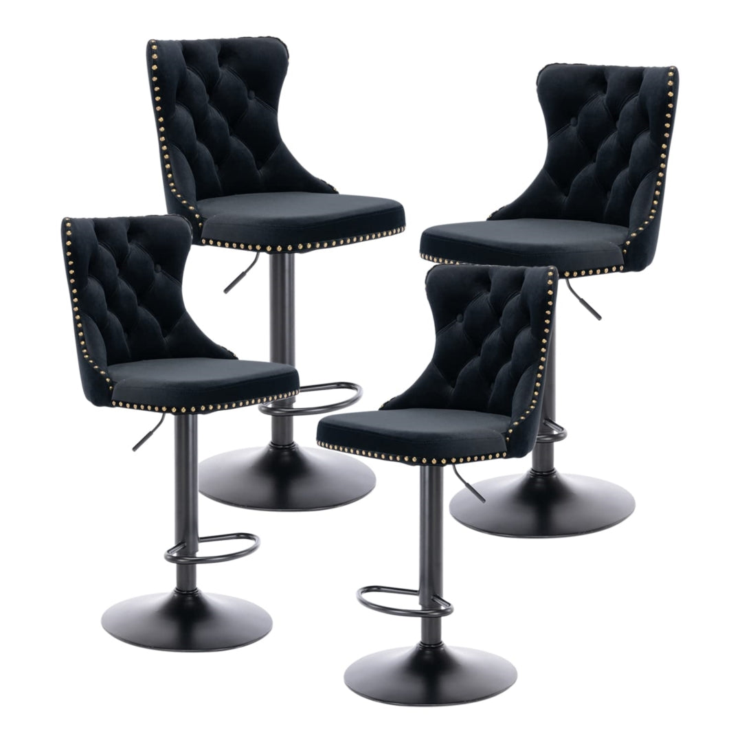Table & Bar Stools: 4x Height Adjustable Swivel Bar Stool Velvet Nailhead Barstool with Footrest