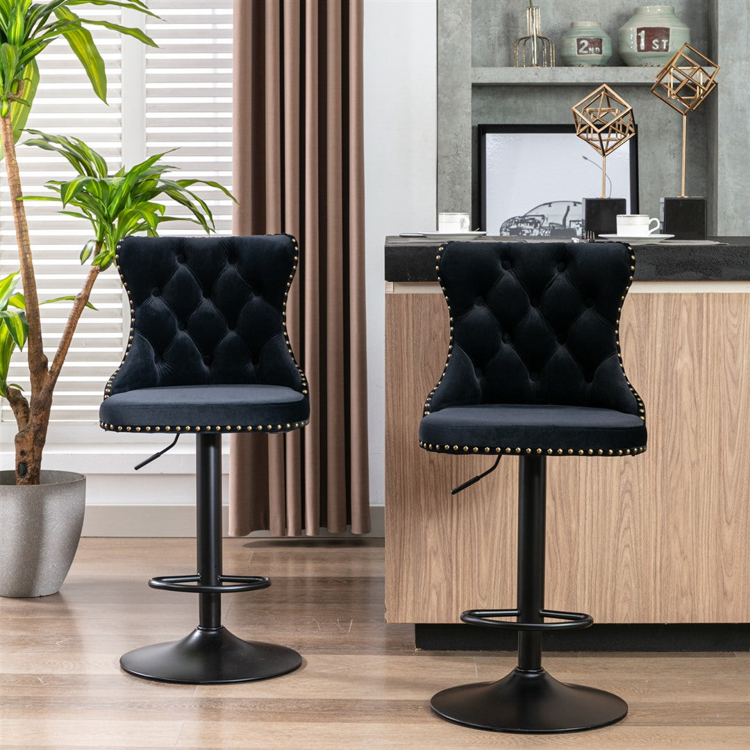 Table & Bar Stools: 4x Height Adjustable Swivel Bar Stool Velvet Nailhead Barstool with Footrest
