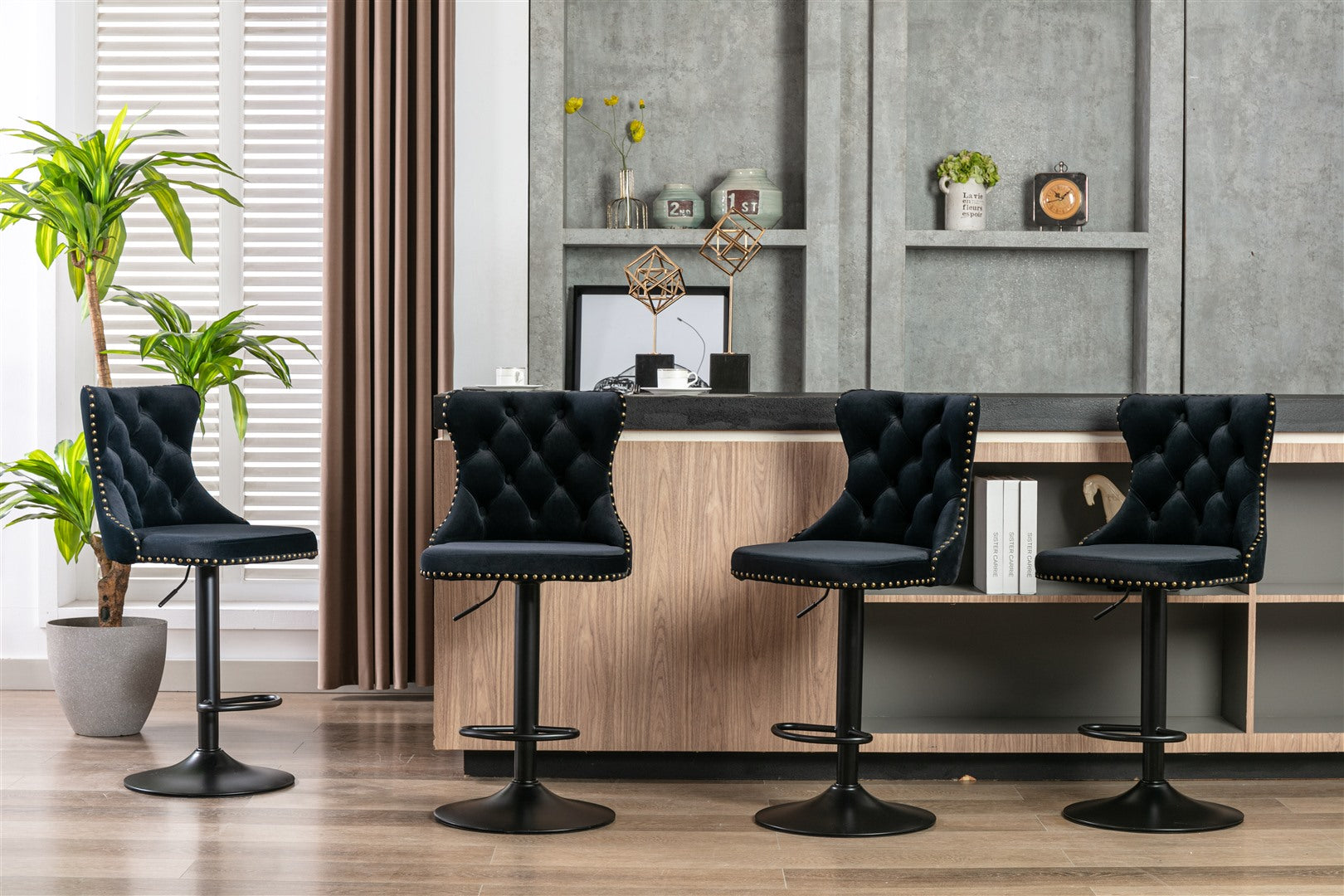 Table & Bar Stools: 4x Height Adjustable Swivel Bar Stool Velvet Nailhead Barstool with Footrest