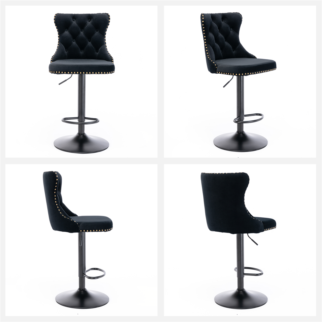 Table & Bar Stools: 4x Height Adjustable Swivel Bar Stool Velvet Nailhead Barstool with Footrest