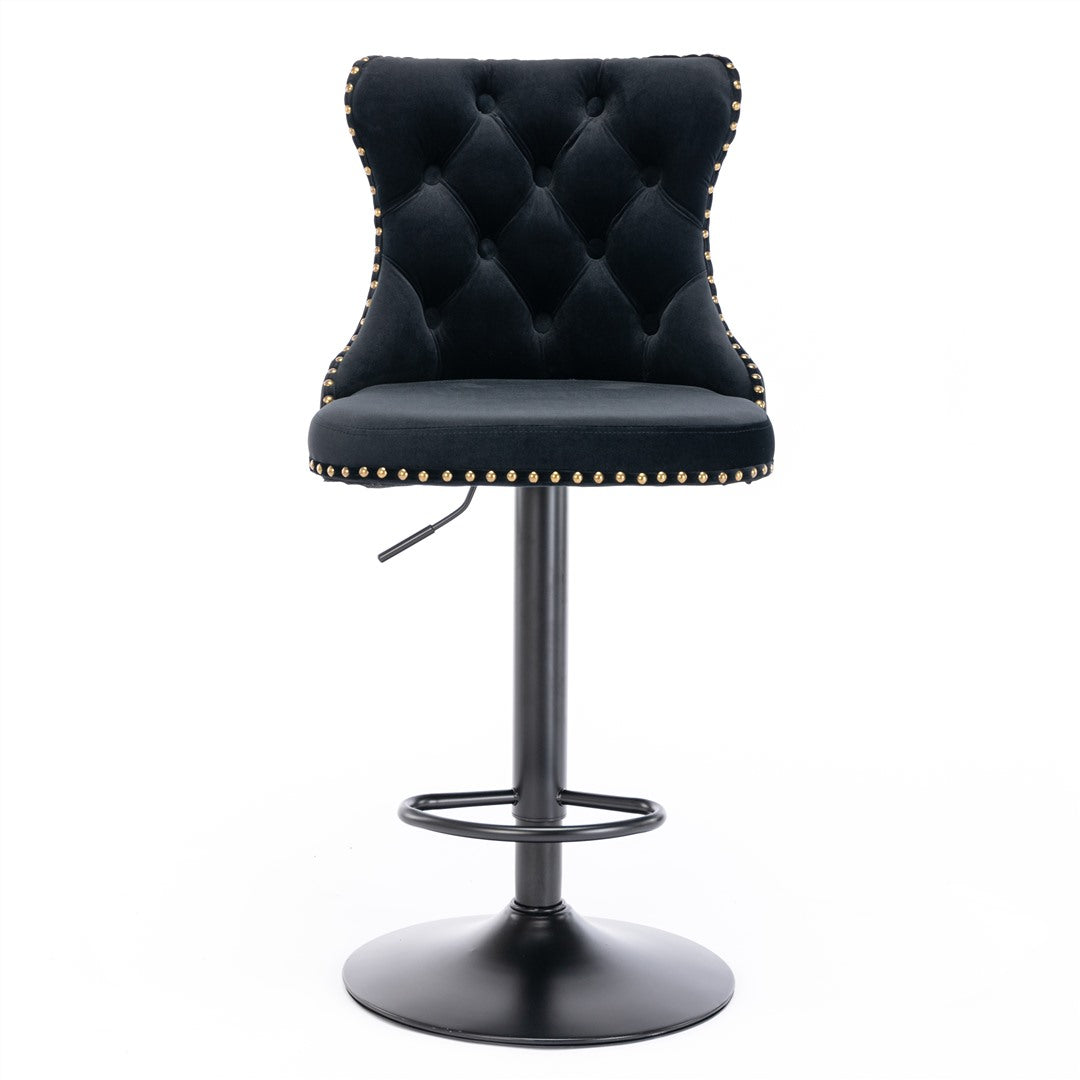 Table & Bar Stools: 2x Height Adjustable Swivel Bar Stool Velvet Nailhead Barstool with Footrest