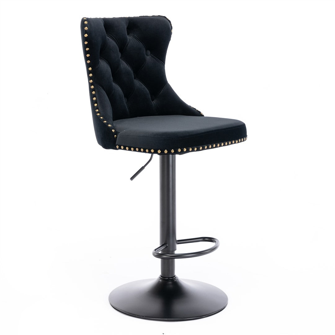 Table & Bar Stools: 2x Height Adjustable Swivel Bar Stool Velvet Nailhead Barstool with Footrest