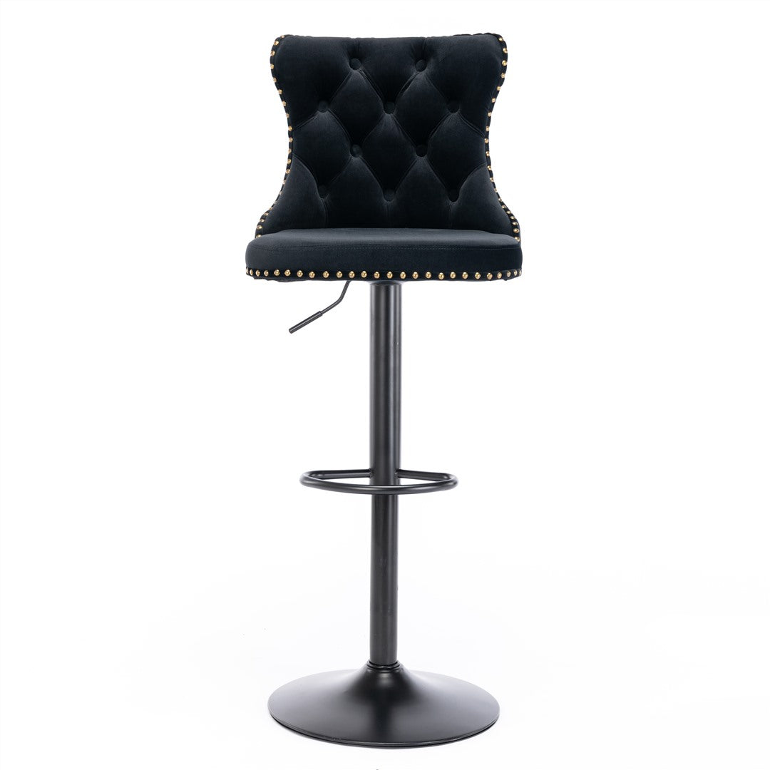 Table & Bar Stools: 2x Height Adjustable Swivel Bar Stool Velvet Nailhead Barstool with Footrest