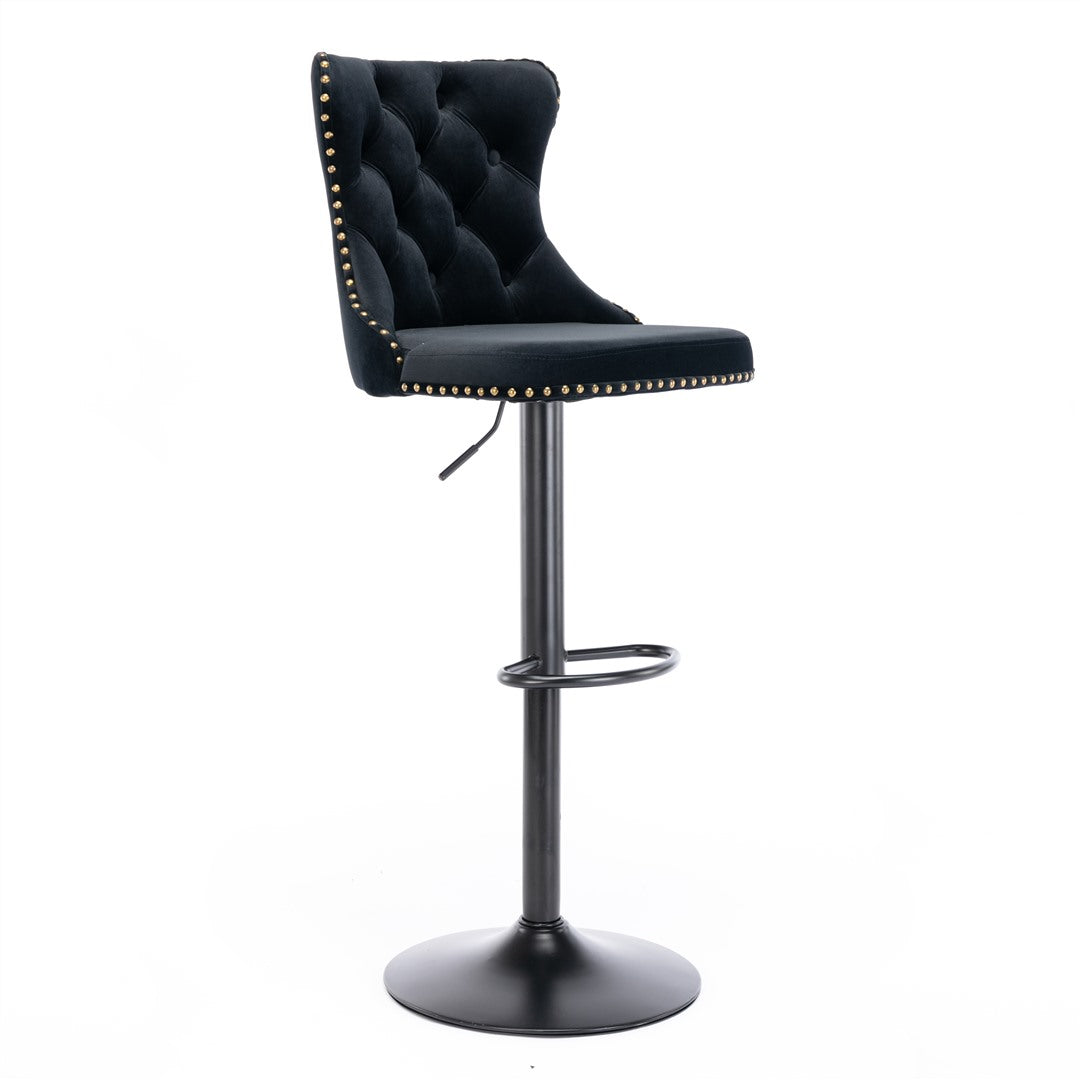 Table & Bar Stools: 2x Height Adjustable Swivel Bar Stool Velvet Nailhead Barstool with Footrest