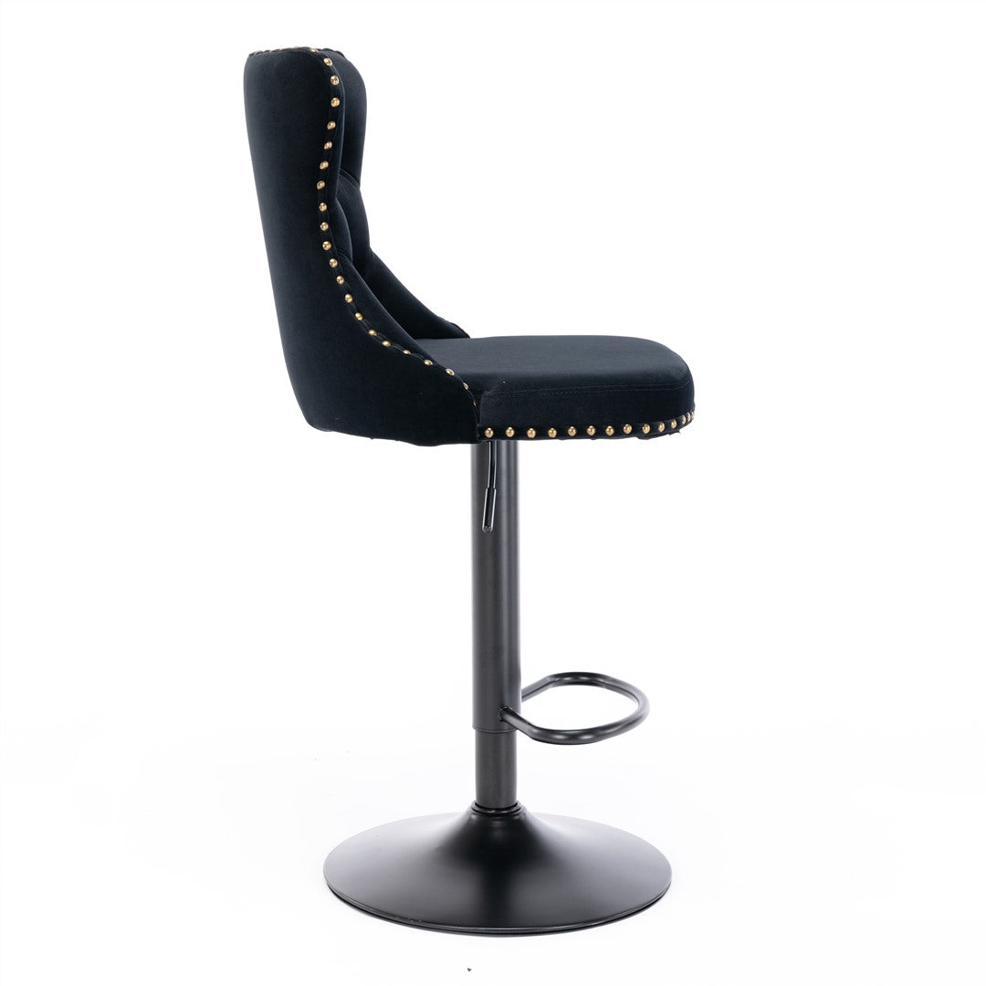 Table & Bar Stools: 2x Height Adjustable Swivel Bar Stool Velvet Nailhead Barstool with Footrest