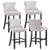 Table & Bar Stools: 4x Velvet Upholstered Button Tufted Bar Stools with Wood Legs and Studs-Beige