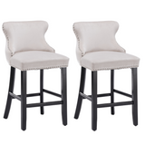 Table & Bar Stools: 4x Velvet Upholstered Button Tufted Bar Stools with Wood Legs and Studs-Beige
