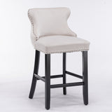 Table & Bar Stools: 4x Velvet Upholstered Button Tufted Bar Stools with Wood Legs and Studs-Beige